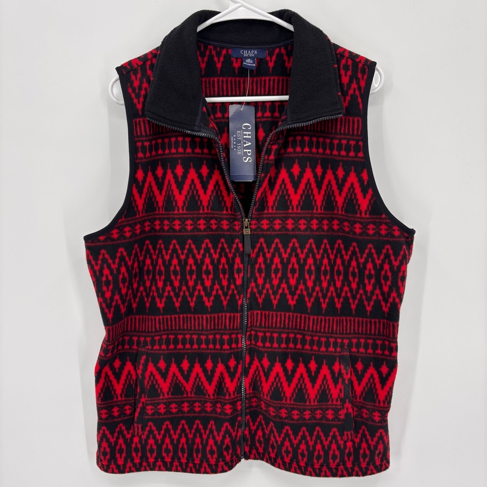 Chaps Fleece Vest Womens 1X Red Black NWT Geometric Full Zip Mock Neck